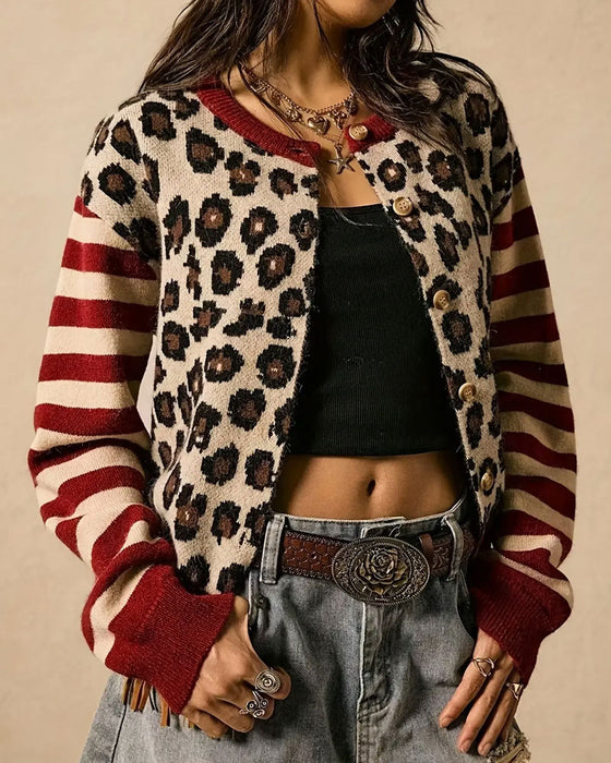 Leopard Stripe Color Block Button-Down Cardigan