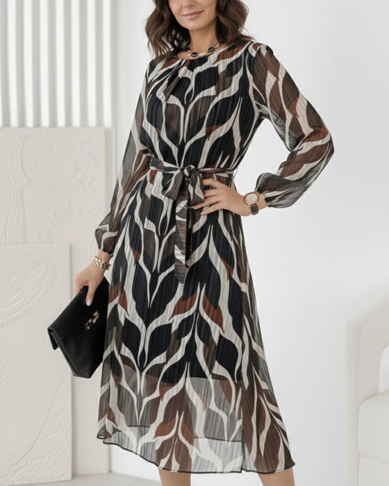 Crew Neck Tie-Waist Printed Dress
