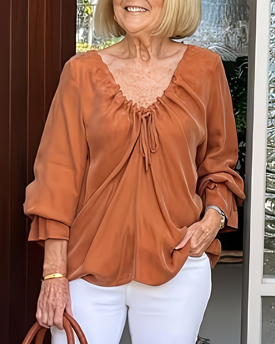 V-Neck Shirred Tie Casual Blouse