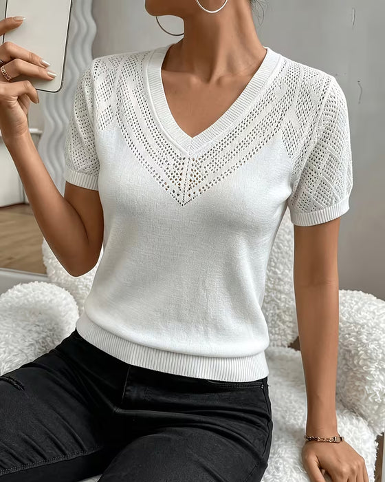 Solid Color Hollow Out V Neck Slim Fit Jumper