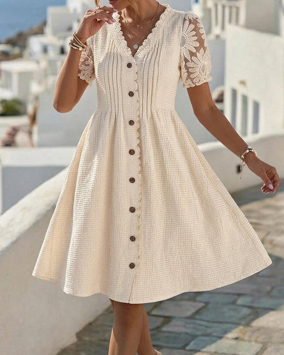 Puff Sleeve Sunflower Lace Patchwork Dress