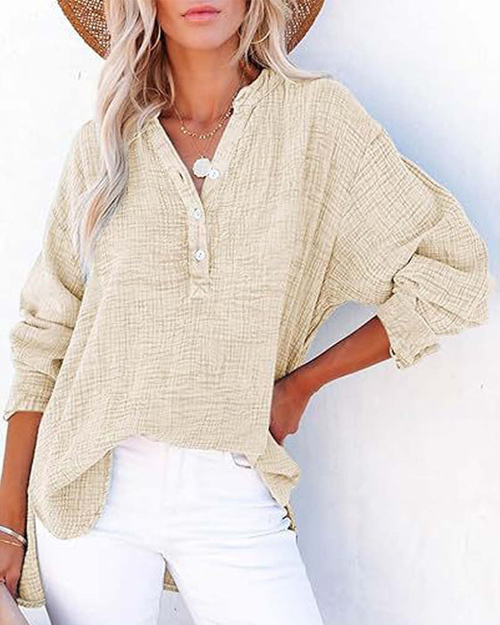 Pleated Button Long Sleeve Blouse