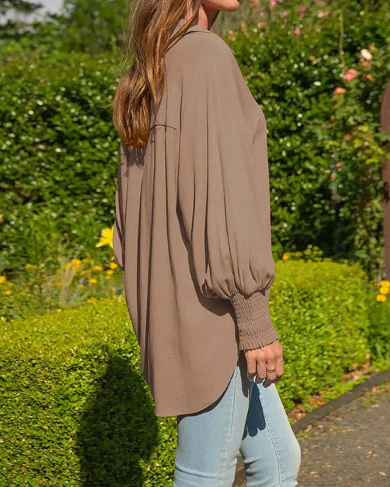 Loose Pocket Solid Elastic-Cuff Blouse