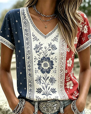 Colorblock Ethnic Floral V-Neck T-Shirts