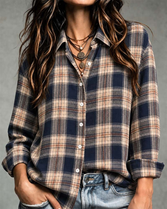 Collared Plaid Long-Sleeve Blouse