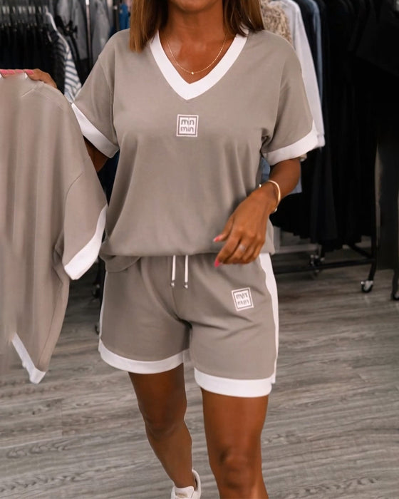 V-Neck Contrast Printed Short-Sleeved Shorts Set