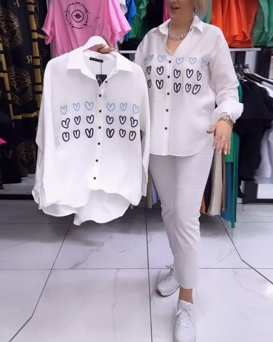 Heart print simple button shirt