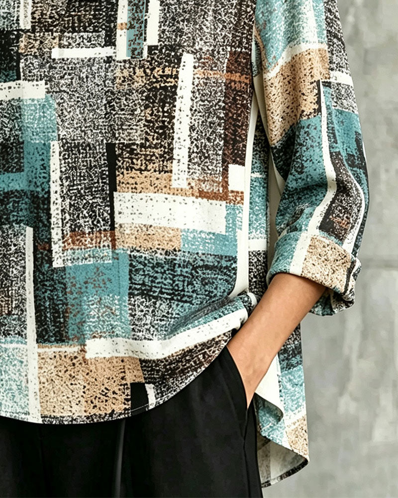 Geometric Print Slouchy Neck Elbow-Length Sleeve Blouse