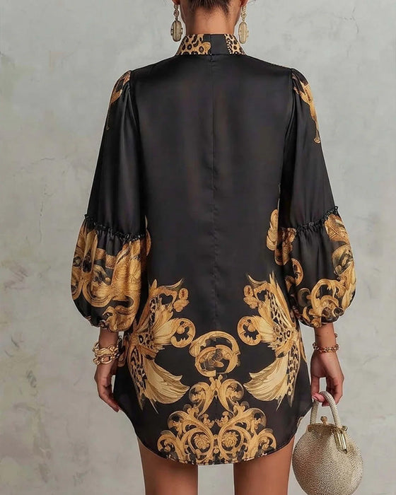 Leopard Lantern Sleeve Stand Collar Print Dress