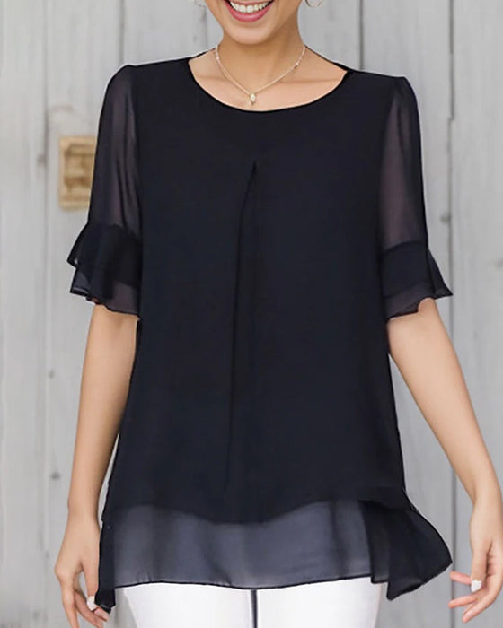 Solid color crew neck top with ruffle sleeves