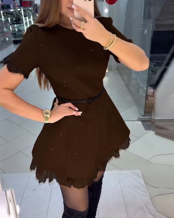 Sparkling Lace Short-Sleeve A-Line Dress