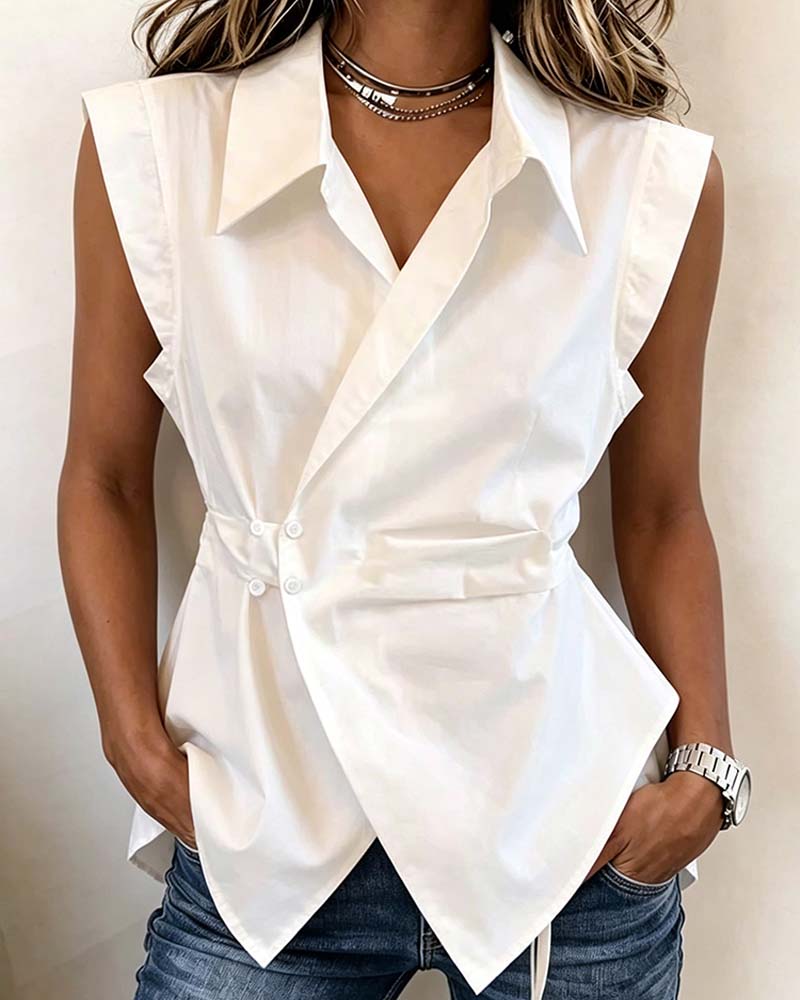 Waist-Cinched Sleeveless Cross Button Blouses