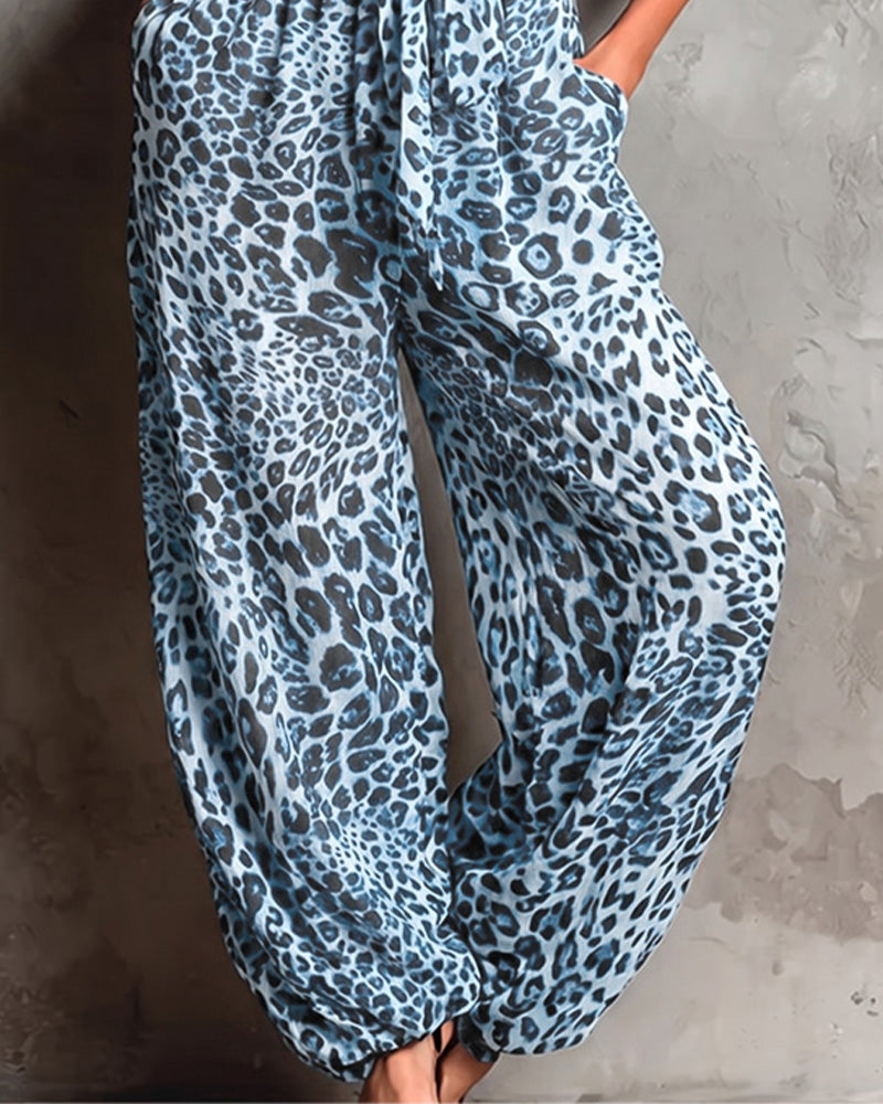 Leopard Print Suspender Wide Leg Jumpsuit