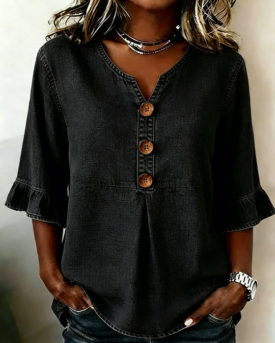 V-Neck Flared Sleeve Denim Blouse
