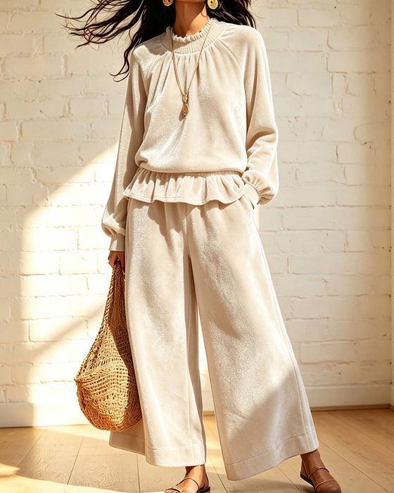 Solid Color Ruffled Top Wide-Leg Pants Set