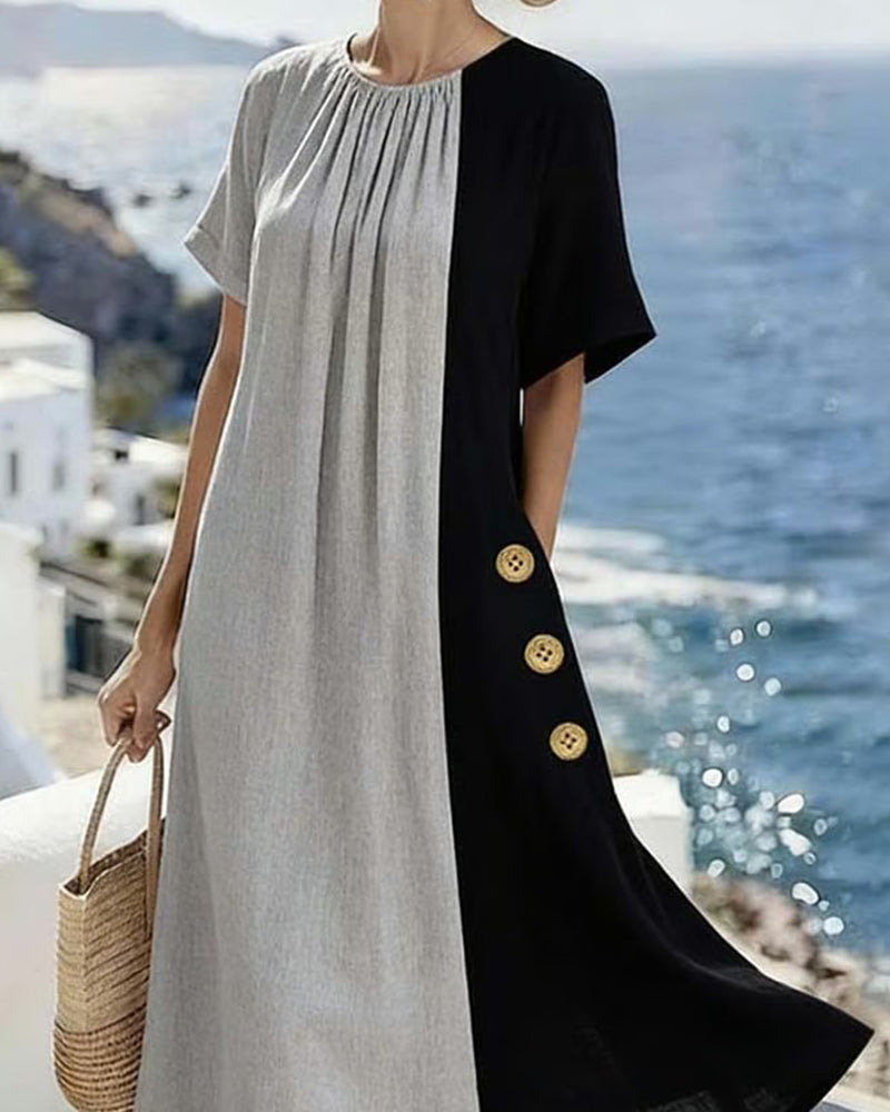 Contrast Color Round Neck Casual Long Dress
