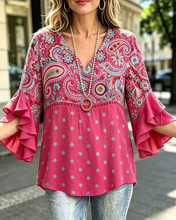 V-Neck Floral Polka Dot Ruffle Blouse