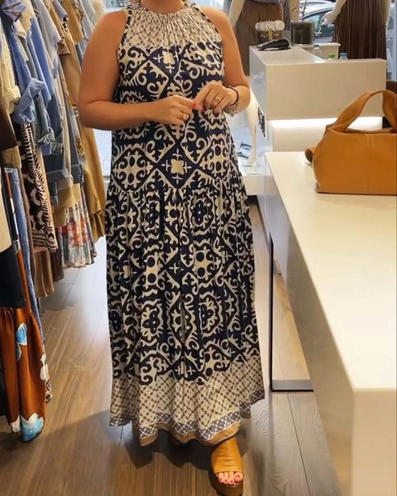 Sleeveless Crew Neck Shirred Full Skirt Dress