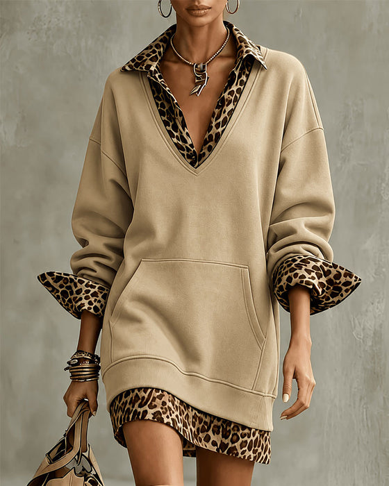 Collar V-neck Leopard Print Sweatshirt Dress