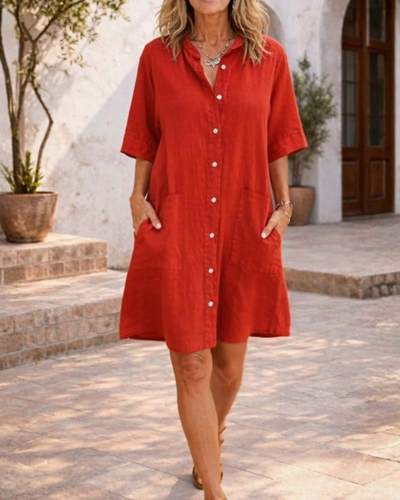 Lapel Linen Pocket Shirt Dress