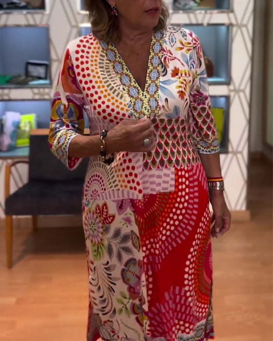Ethnic Print V-Neck Elbow-Length Sleeve Dress