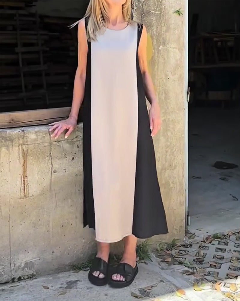 Sleeveless Color-Blocked Slit Dress