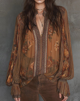 V-Neck Bohemian Style Floral Blouse