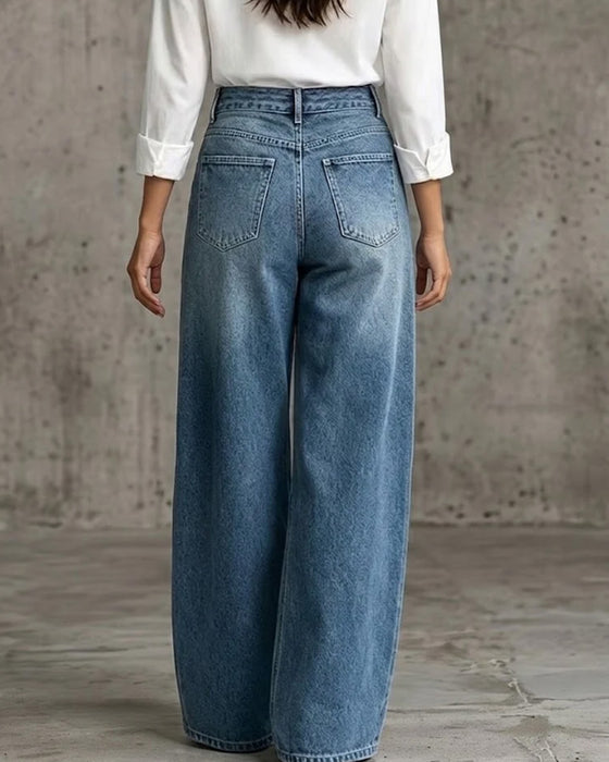 Button Pocket Wide-Leg Denim Long Pants