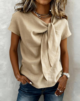Linen-Blend V-Neck Short Sleeve Casual Blouse