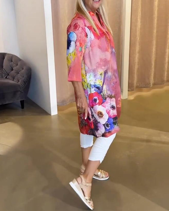 Stylish Stand-Collar Floral Print Dress