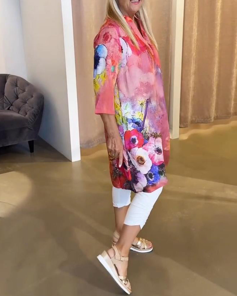 Stylish Stand-Collar Floral Print Dress