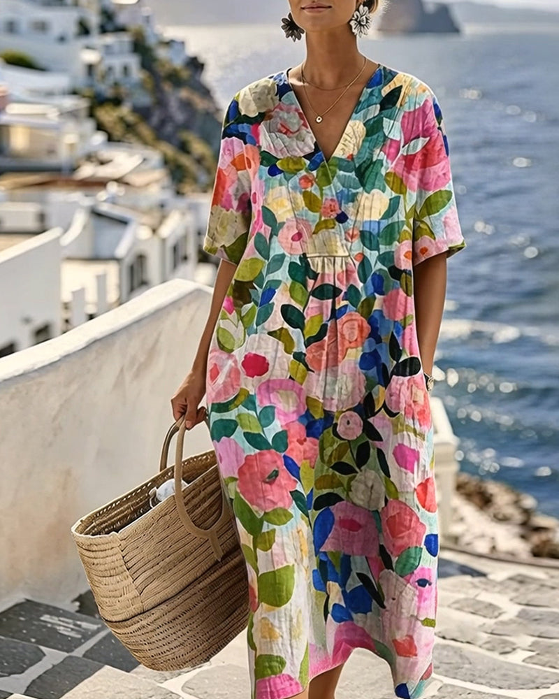 Watercolor Floral V-Neck Dress
