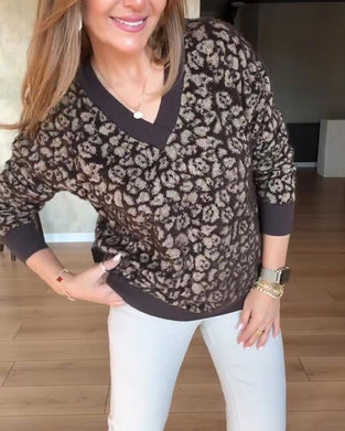 V-Neck Color-Block Leopard Print Sweater
