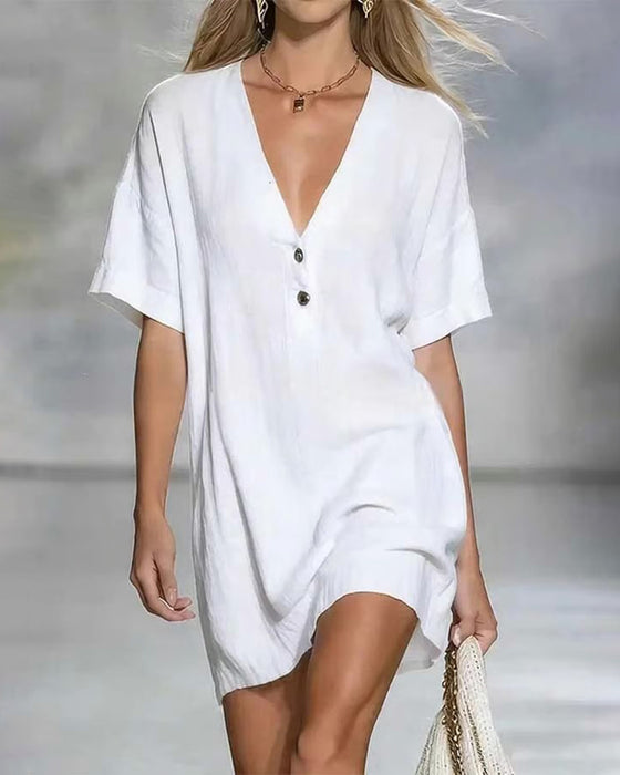 Minimalist V-Neck Button Dress