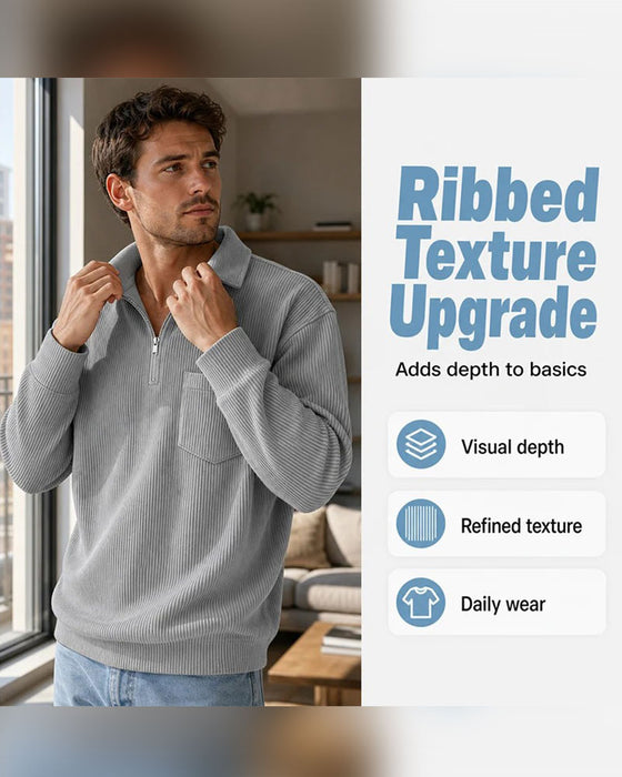 Ribbed Half Zip Lapel Long Sleeve Sweatshirt