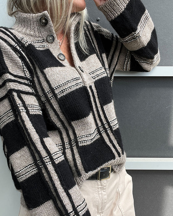 Button Turtleneck Check Color-Block Pullover
