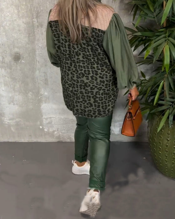 Lapel lantern sleeve leopard print shirt