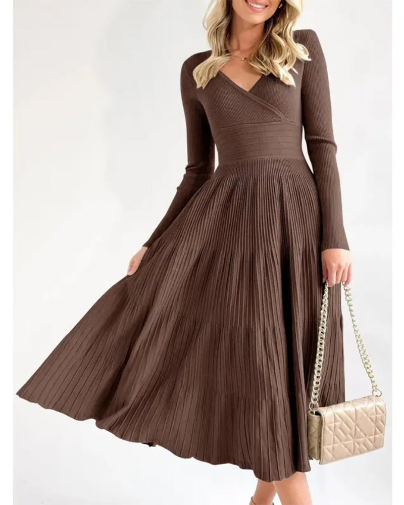 V-Neck Cross Pit Pleated Dress