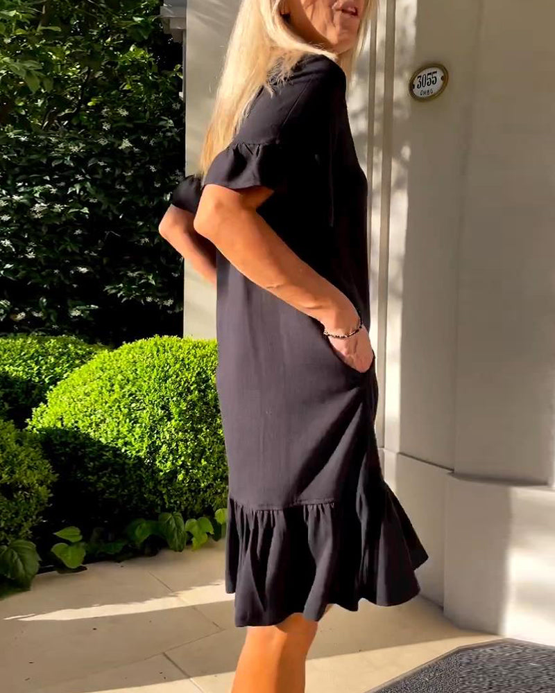 V-Neck Short Flutter Sleeve A-Line Dress