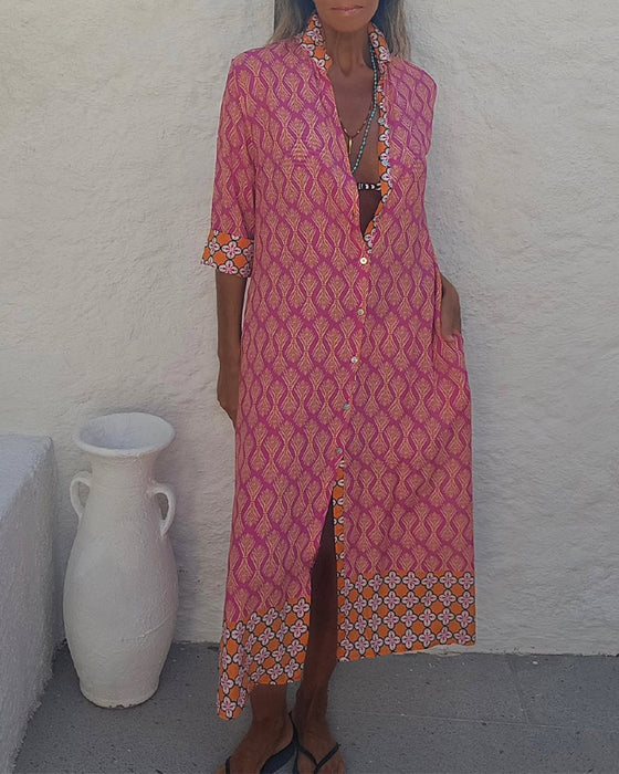 Geometric Wheat Print Shirt Dress