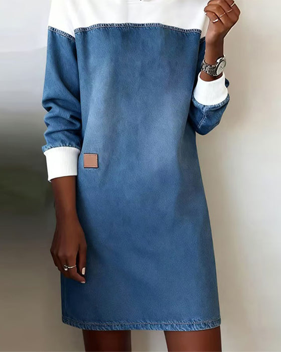 Hooded Denim Patchwork Drop Shoulder Dress