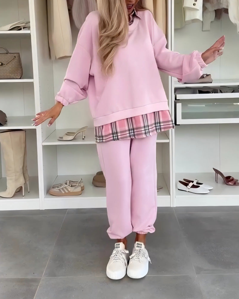 Solid Color And Plaid Patchwork Sports Set