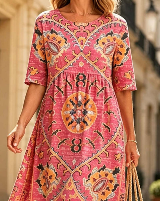 Ruffled Neck Print Flared Skirt Dress