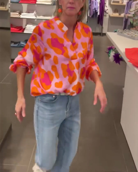 Printed V-neck lantern sleeve casual top