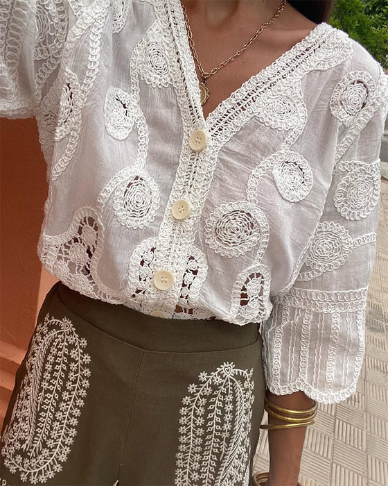 French V-Neck Embroidered Shirt