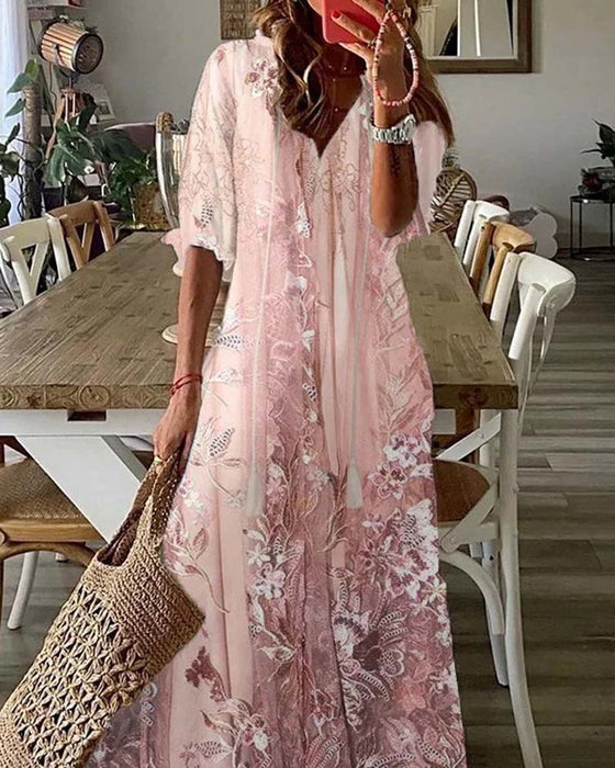 V-Neck Floral Ruffle Full Skirt Dress