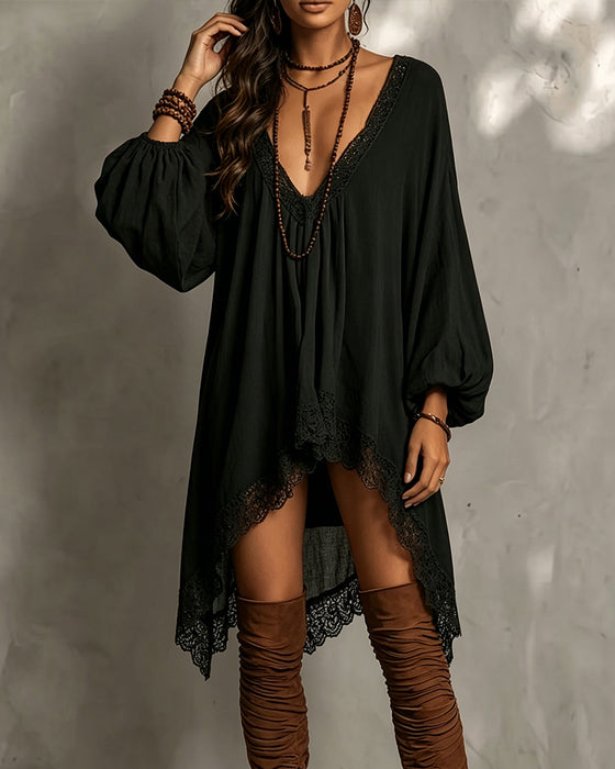 V-Neck Lace Asymmetric Dress