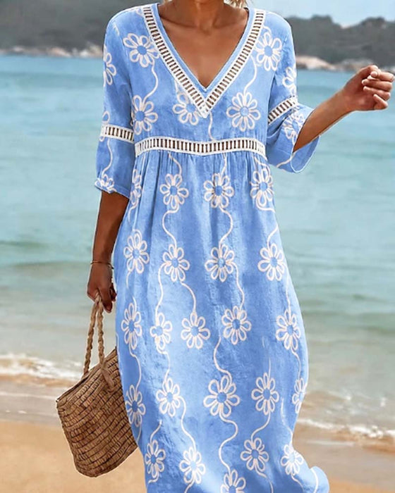 V-Neck Hollow Out Patchwork Floral Loose Dress