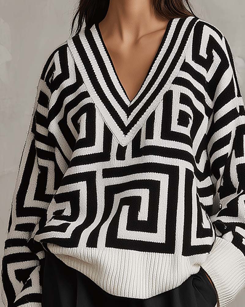 Geometric pattern V-neck knitted Pullovers
