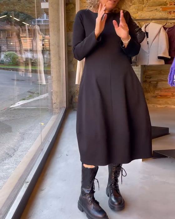 Solid color round neck A-line dress